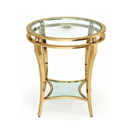 Luxury Gold Metal Side Table Round End Table with Double Glass Shelves for Living Room Elegant Modern Home Decor Furniture