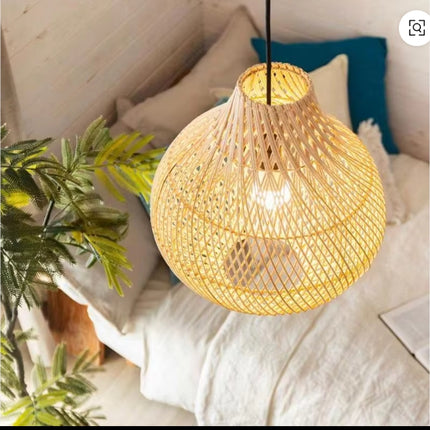 Boho Rattan Woven Pendant Light – Natural Bamboo Hanging Lamp for Cozy Bedroom & Living Room Decor
