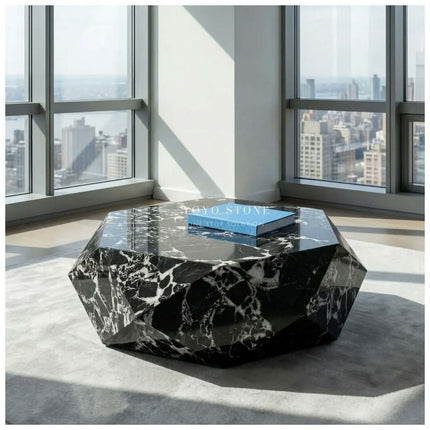 Bulgari black modern marble top coffee table set crafted from unique marble with geometric design for living room furniture