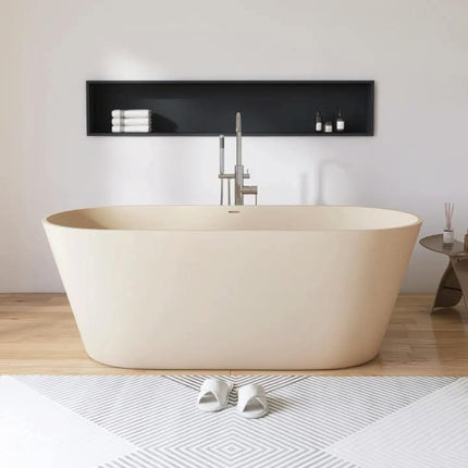 Solid Surface Freestanding Soaking Tub for Adults With Milky Coffee Color Oval Shape Modern Style Durable & Eco-Friendly