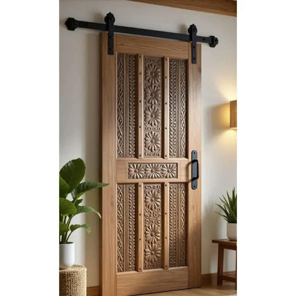 Luxury Handcrafted Floral Carved Solid Wood Sliding Barn Door Artistic Decorative Interior Entryway