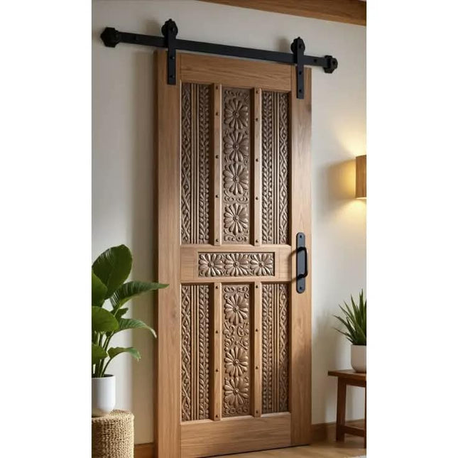Luxury Handcrafted Floral Carved Solid Wood Sliding Barn Door Artistic Decorative Interior Entryway
