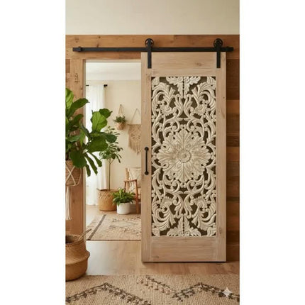 Luxury Handcrafted Floral Carved White Wash Solid Sliding Barn Door Artistic Interior Entryway