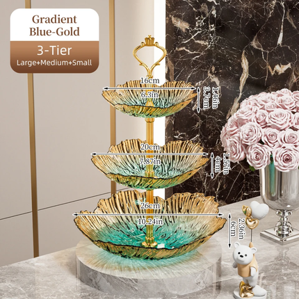 Luxury 2/3 Tier Gradient Petal Plastic Fruit Plate Crown Gold Handle Food Grade Snack Candy Serving Tray For Wedding Party Decor
