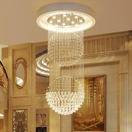 Long Duplex Staircase Crystal Chandelier for Indoor Living Room Dining Elegant Double Ball Lamp for Hotel Villa Hall