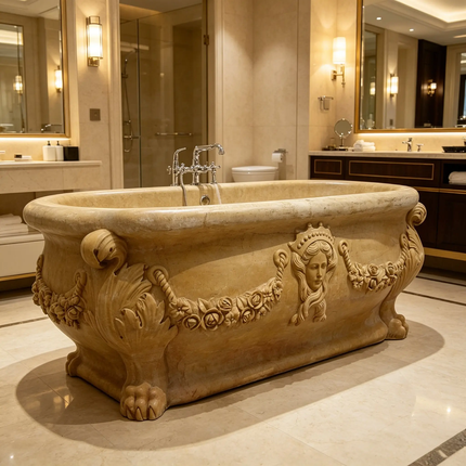 Luxury Hand Carved White Marble Freestanding Bathtub with Lion Heads for Villa Hotel Spa & Palace Bathroom Decor