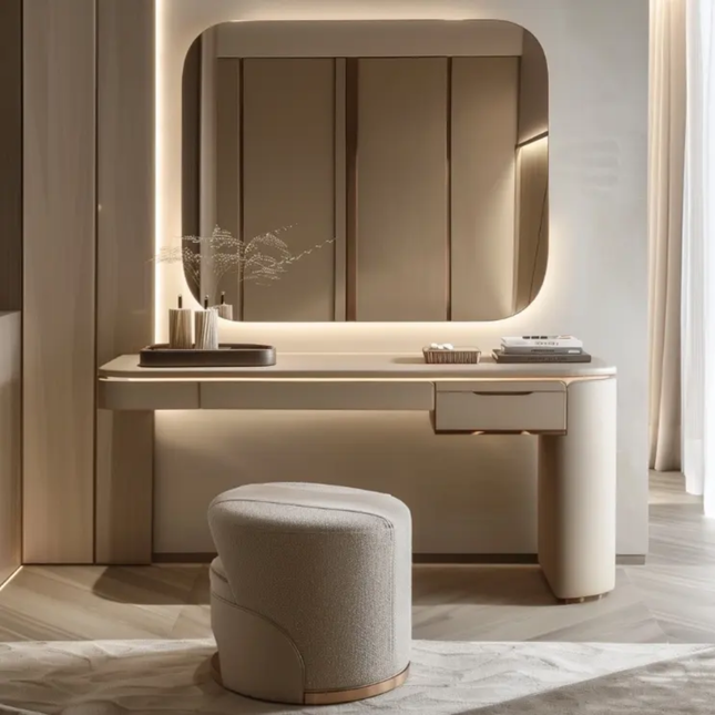 Modern Luxury Cream Solid Teak Wood Makeup Vanity Adjustable Lighted Mirror Dressing Table Chest Drawers For Apartment Bedroom
