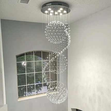 Long Nordic Modern Silver Crystal LED Chandelier for Hotel Lobby and Staircase High Ceiling Hanging Luxury Lighting