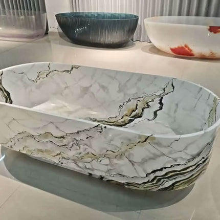Luxury 1.7m Artificial Calacatta Viola Marble Freestanding Bathtub Modern 2-Person Oval Shape Artificial Stone 5-Star Hotel Spa