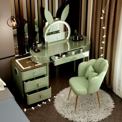 Modern Green Dressing Table Set With LED Lighted Mirror And Storage For Girls Wood Design For Bedroom Living Room Or Hotel Use