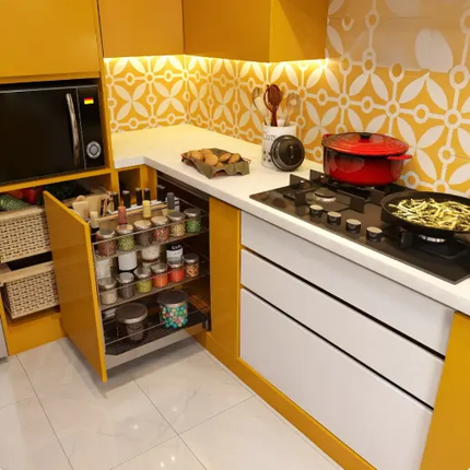 BALOM Modern L-Shape Yellow Lacquer Modular Kitchen Cabinets Whole House Customization with Smart Storage Drawer Organizers
