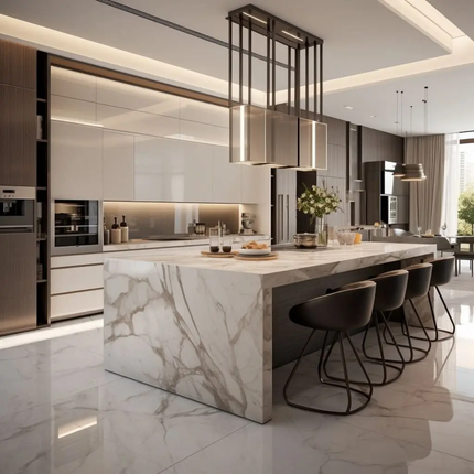 Luxury Modern Modular Fireproof Kitchen Furniture Sets Lacquer Melamine Board Cabinet LED Strip Light Quartz Stone Kitchen
