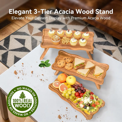 Custom Wooden Serving Stand OEM Laser Wave Edge Acacia Wood Charcuterie Riser Tray Fruit Dessert Display Stand For Party