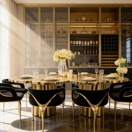 Luxury Modern Gold Stainless Steel Dining Table – Unique Designer Shape, 8 Seater for Villa Hotel Restaurant