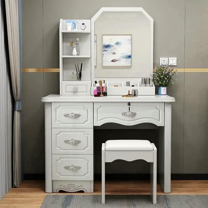 Modern White Wood Makeup Dressing Table With LED Light Large Mirror Cushioned Stool Panel Style Drawers For Bedroom