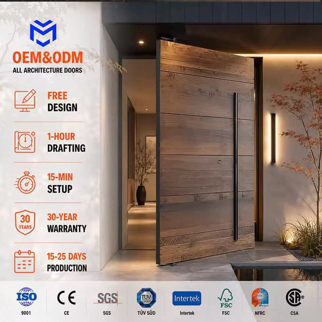 Custom OEM American Modern Durable Aluminum Wooden Residential Home Villa Entrance Security Front Entry Exterior Pivot Doors