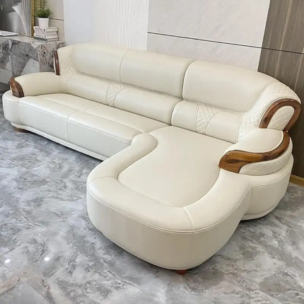 Imperial Comfort Series Deluxe Cream Leather Furniture with Elegant Wooden Frame and Center Table