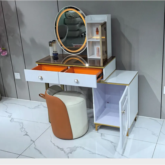Contemporary Luxury Eco- Friendly  Durable Dressing Table Gold -Trim Makeup Vanity Fluted Drawers LED Light-Up Mirror Ribbed  Glass