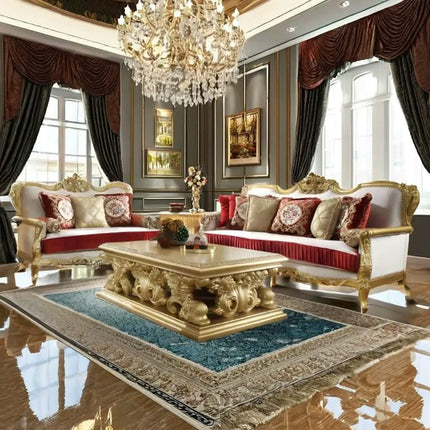 Luxury Royal Midcentury Modern Solid Mahogany Wood Sofa Set Hand Carved Gold Finish Eco-Friendly Durable Living Room Furniture