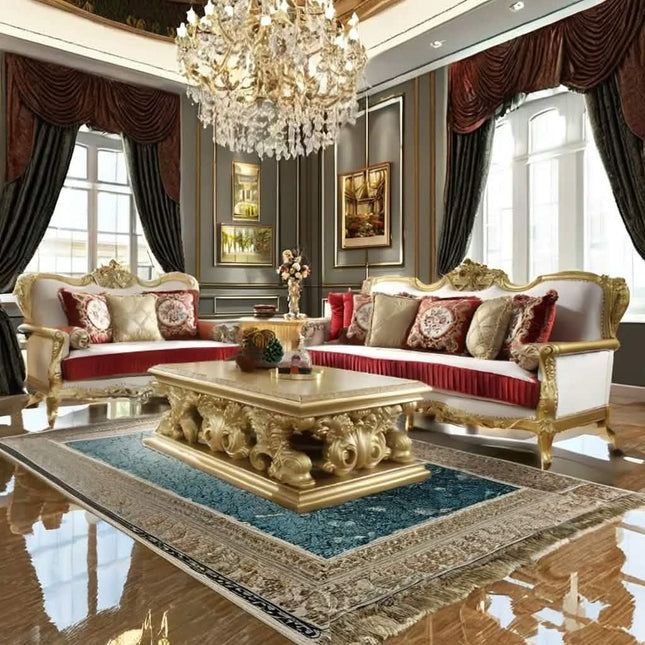 Luxury Royal Midcentury Modern Solid Mahogany Wood Sofa Set Hand Carved Gold Finish Eco-Friendly Durable Living Room Furniture