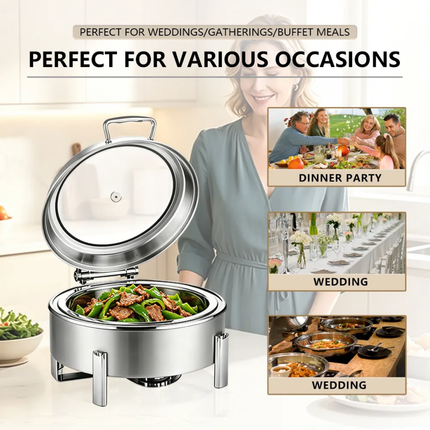 4-Colour Elegant Dual-Use Chafing Dish Stainless Steel Buffet Warmer with Hydraulic Lid Round Square Rectangular Shapes