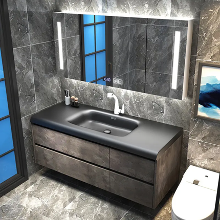Italian Minimalist Single-Hole Bathroom Cabinet – Black Wash Basin, Ceramic Valve Core Smart Sink
