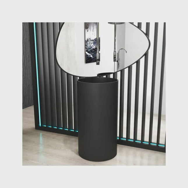 Modern Black Freestanding Pedestal Sink with Artistic Mirror – Minimalist Designer Bathroom Basin
