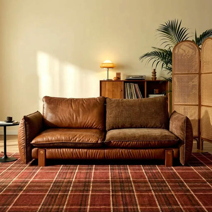 Midcentury Modern Two Seat Genuine Leather Upholstered Sofa Extendable Convertible Cushion Back Padded Arms Sofa Bed for Living