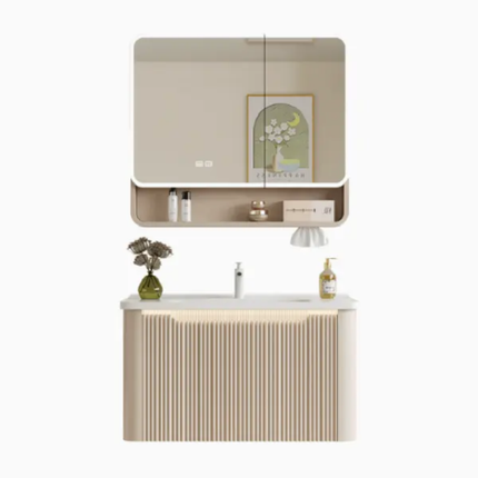 Wall-mounted Nordic cream-style bathroom cabinet with multi-functional storage and an integrated ceramic basin