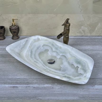 Luxury Modern Polished Natural White OnyxStone Unique Shape Big Size Vessel Sink Wash Basin For Bathroom Hotel