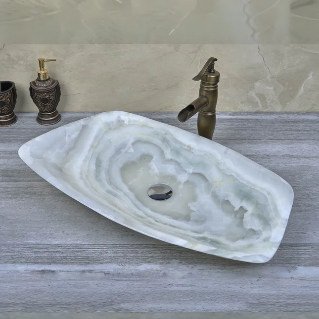 Luxury Modern Polished Natural White OnyxStone Unique Shape Big Size Vessel Sink Wash Basin For Bathroom Hotel