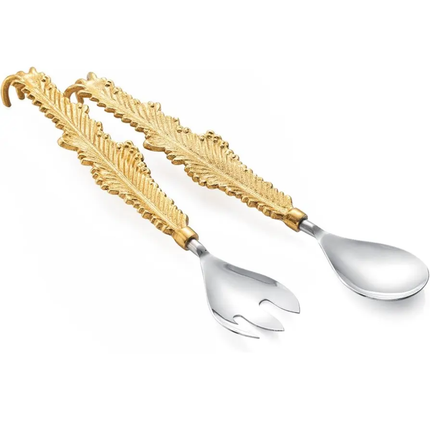 Brass & Stainless Steel Eco-Friendly Salad Server Set With Mirror Polished Finish Classic Engraved Patterns Dishwasher Safe