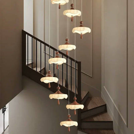 Staircase High Ceiling Chandelier Minimalist Villa Duplex Loft Stairs Hanging Lights Walnut Wood Color Chandelier Lighting