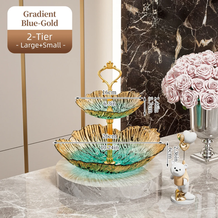Luxury 2/3 Tier Gradient Petal Plastic Fruit Plate Crown Gold Handle Food Grade Snack Candy Serving Tray For Wedding Party Decor