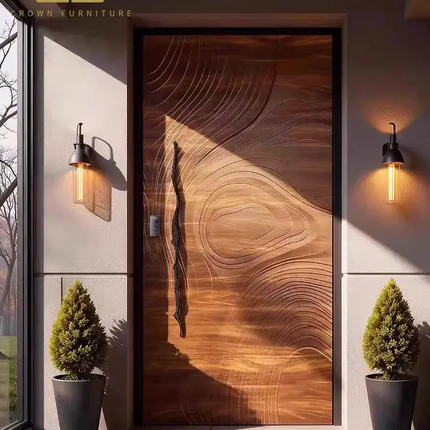 Wood Grain Carved Cast Aluminum Simple Sound Insulation and Environmental Protection Hingh-End Customized Entrance Door