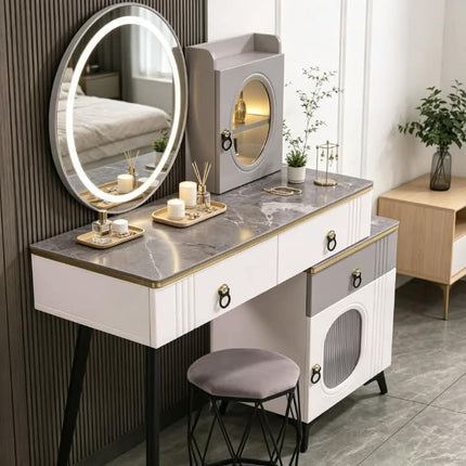 Modern Luxury Minimalist Solid Wood Durable Customizable Multi-Purpose Makeup Vanity Lighted Oval Mirror Storage Drawers  Bedroom