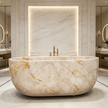 Custom Egypt Beige Marble Freestanding Hot Tub Luxury Stone Bathtub For Villas And Hotel Bathroom Renovation