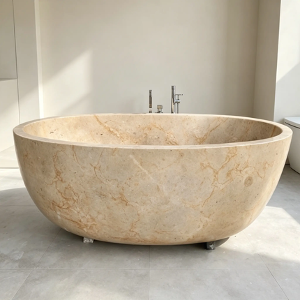 Custom Egypt Beige Marble Freestanding Hot Tub Luxury Stone Bathtub For Villas And Hotel Bathroom Renovation