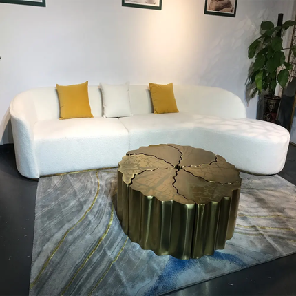 Divine White Velvet Sofa with Ornate Golden Lotus Table High Class Living Room Set