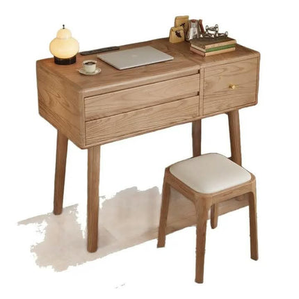 Solid Oak Wood Convertible Dressing Table With LED Mirror USB Port Flip Cover Makeup Cabinet Silent Wind Design For Bedroom