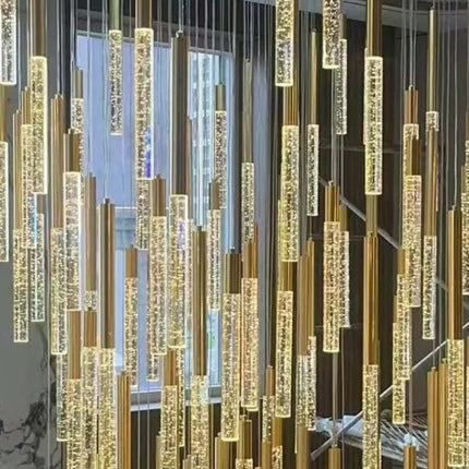 Customized Luxury LED Long Chandeliers Golden Crystal Staircase Pendant Light for Hotel Lobby Villa Customizable Lighting