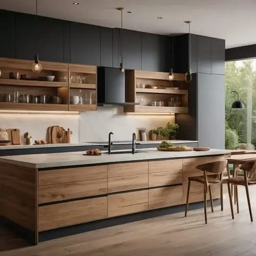 Customized Modern Natural Wood Semi-Gloss Walnut Veneer L-Shaped Kitchen Cabinet African Projects MDF Carcase Hidden Hinges Sink