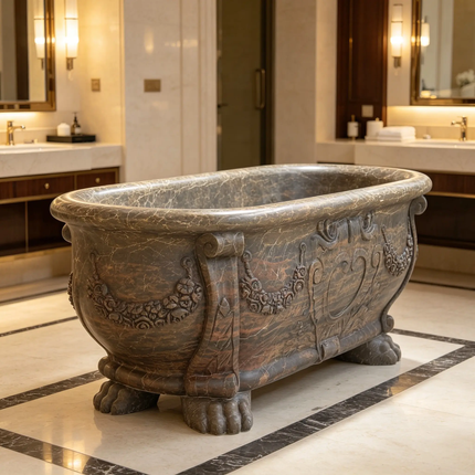 Luxury Hand Carved White Marble Freestanding Bathtub with Lion Heads for Villa Hotel Spa & Palace Bathroom Decor