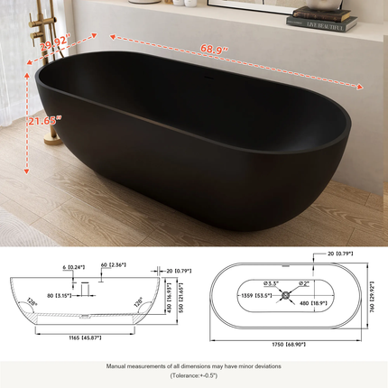 Maydon Modern Freestanding Solid Surface Oval Bathtub Matte Black Stylist Design Eco-Friendly Durable Soaking Tub Artificial