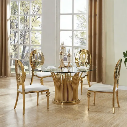 Modern Round Glass Gold Dining Table with Metal Frame 6 Chairs Set for Hotel & Home Office Use Home Furniture