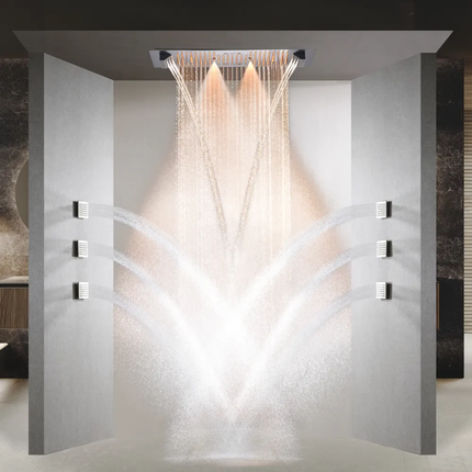 Luxurious Music Large Thermostatic 64 LED Colors Rainfall Shower System Six Functions Shower Faucet Set