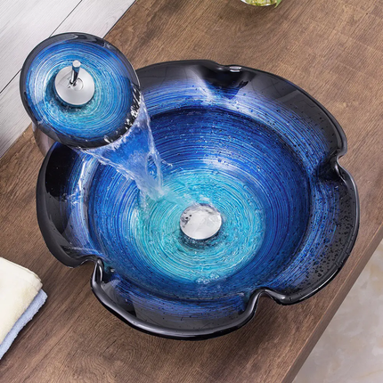 Flower Shape Blue Tempered Glass Countertop Basin Colorful Wash Basin Bathroom Simple Basin With Waterfall Faucet