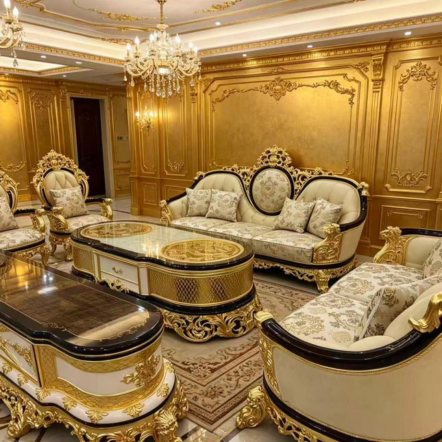 Royal Cream Gold Hand Carved Classic Sofa Set of Supreme Grandeur