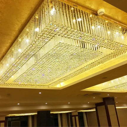 Large Luxury Gold Crystal Long Square LED Chandelier Adjustable Height Acrylic Stainless Steel Switch Remote for Hotel Lobby