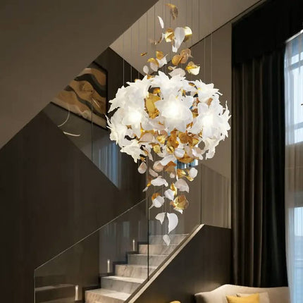 Elegant Design Indoor Decoration Custom Ceramic Flower Modleling Villa Staircase Wedding Led Chandelier Pendant Light